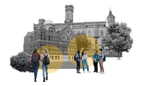 Group of university students in conversation outside a historic campus building, representing talent management partnership opportunities
